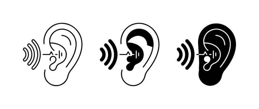 Ear Hearing Icons, Sound Waves, Audio Reception, Listening Symbol Set