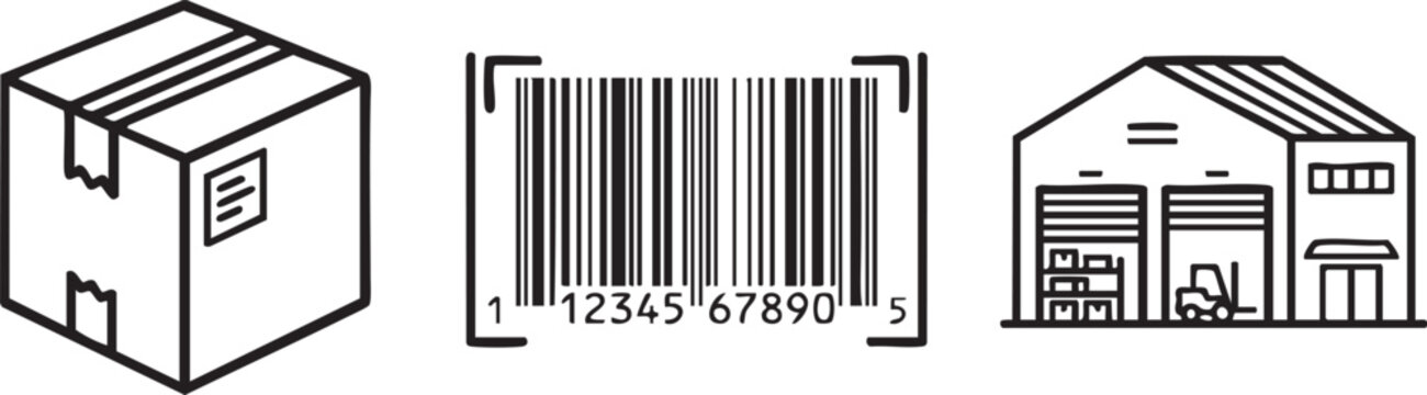 Warehouse Inventory Management Package and Barcode Icons