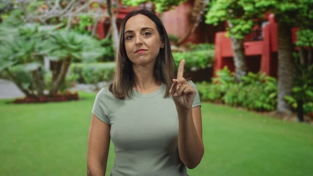 Woman points finger at camera from a manicured lawn in front of a red building, hand raised and index finger extended; stern warning.