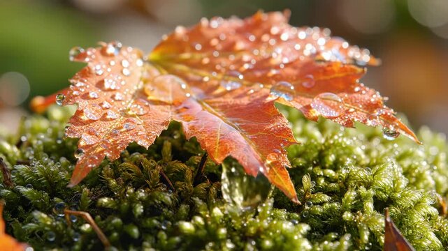 Detailed macro photograph of a single orange autumn maple leaf with large clear water droplets and morning dew resting on lush green moss in a forest setting with soft bokeh.