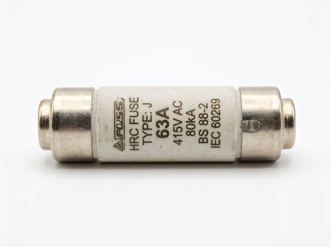 High-voltage electrical HRC fuse type J 63A 415V AC 80kA BS 88-2 IEC 60269 close-up on neutral gray studio backdrop