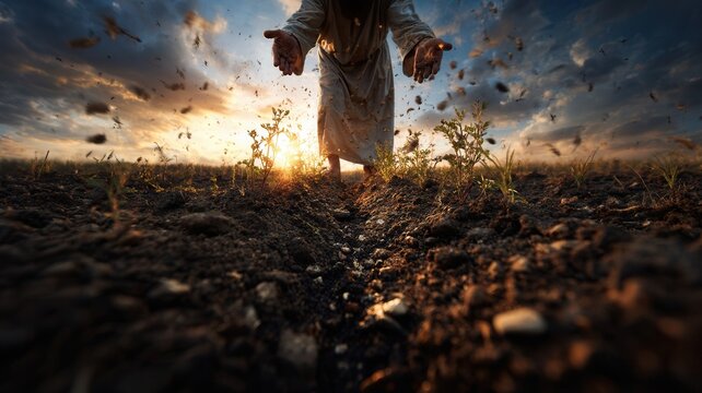 Person in robe sowing seeds or earth in fertile soil, hands outstretched over planting furrow at sunset