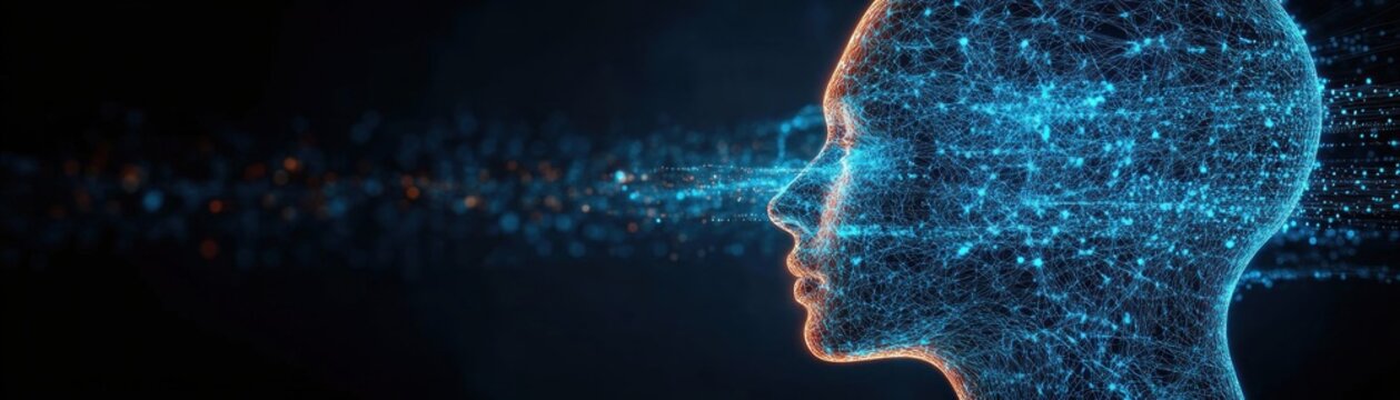glowing wireframe human profile made of blue neural network nodes and lines with a streaming trail of light on a dark background, evoking futuristic contemplative intelligence