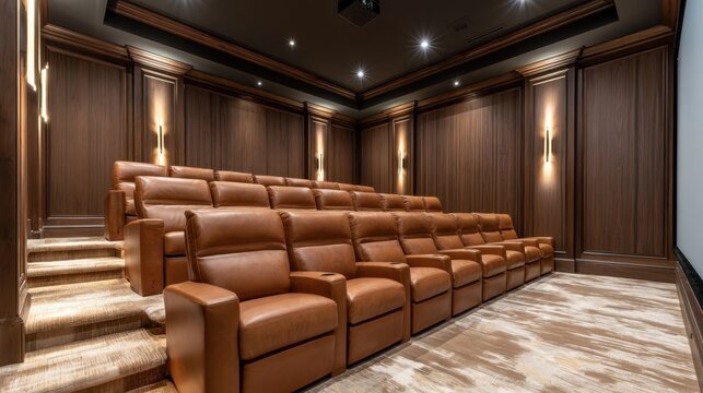 Luxurious home theater room with multiple rows of modern brown leather recliner chairs, wood paneled walls, carpeted floor, and recessed ceiling lighting