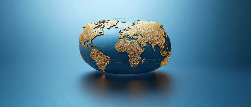 elegant blue oval globe with intricate gold filigree continents floating above glossy surface, serene minimalist and futuristic atmosphere