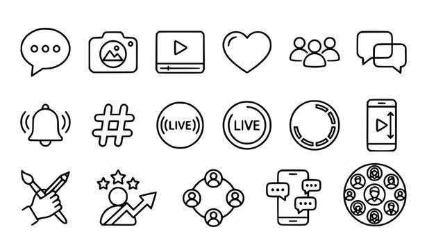 Modern Social Media Line Icons Set with Communication Networking and Content Creator Symbols