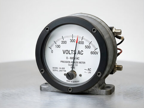Precision analog AC voltmeter measuring electrical voltage with detailed markings on neutral grey studio backdrop