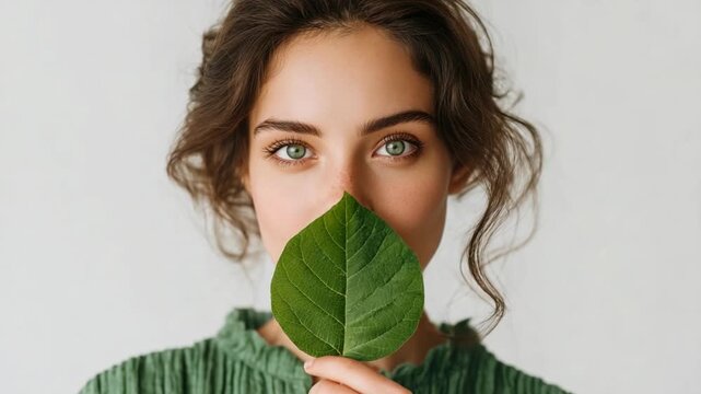 Beauty in Balance: A captivating young woman, embraces a moment of serenity as a single, vibrant green leaf gently obscures her face, symbolizing the harmonious connection between humanity and nature.