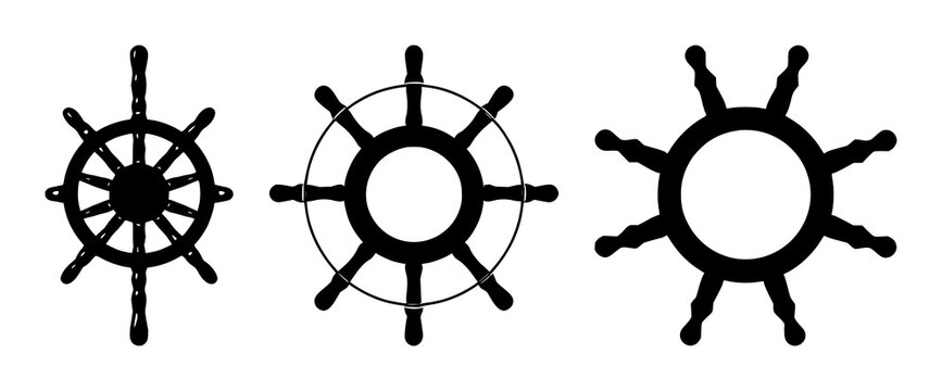 Cruise ship steering wheel set with solid black icon design featuring nautical, maritime, marine with helm and navigation