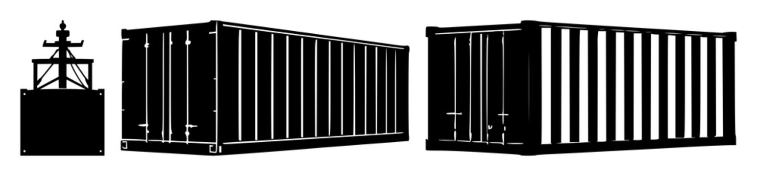 Maritime shipping container set with solid black icon on white background featuring shipping container, maritime, icon with black and white and vector