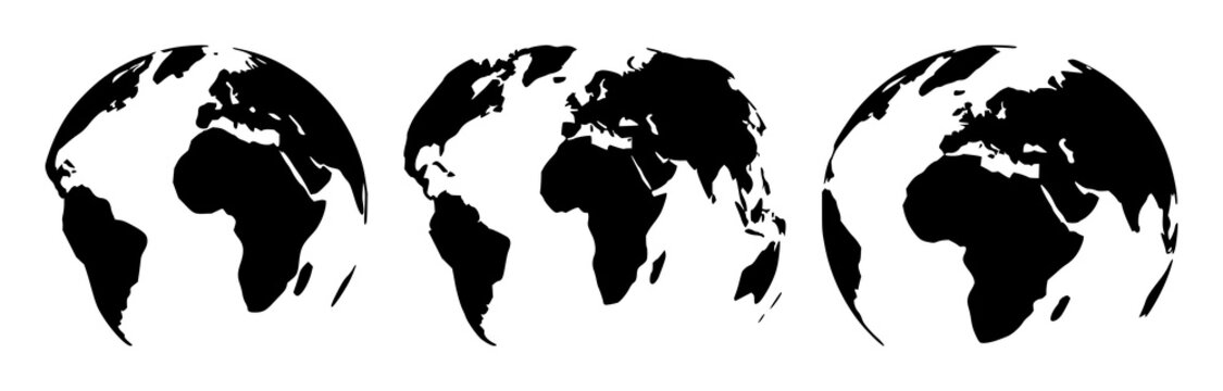 Global business world set with solid black icon design featuring world, globe, earth with connections and network