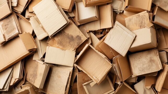 Large pile of open empty cardboard box with dirt and moisture stains on beige brown paper container scattered randomly in close up view