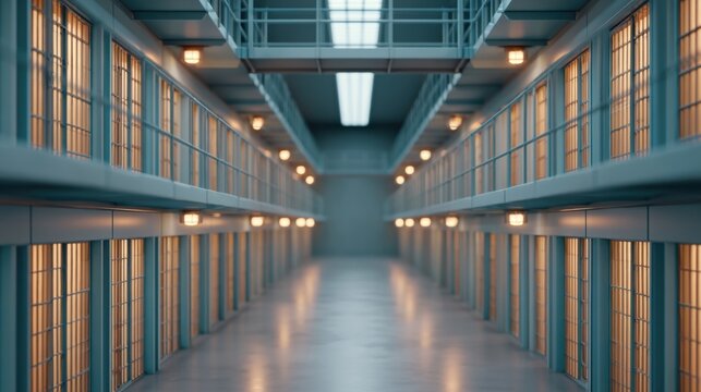 Modern interior view of a long corridor inside a prison with multiple cell doors and metal railings under bright artificial lighting
