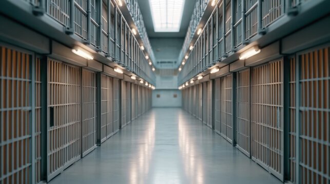 Interior view of a long corridor with rows of open metal bars and empty cells inside a modern secure prison facility with bright ceiling lights