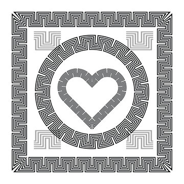 Black and white vector illustration of a greek meander frame enclosing a heart shape icon.