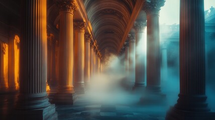 Fototapeta premium Ancient roman or greek style colonnade with columns and archways, fog creating a mysterious ethereal atmosphere