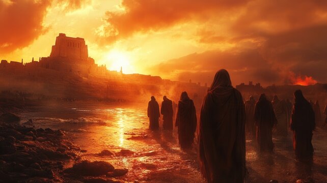 Hooded figures walking through shallow waters towards an ancient city during a dramatic, apocalyptic sunset