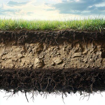 serene grassy meadow and detailed soil cross-section showing roots and layered earth beneath a bright sky