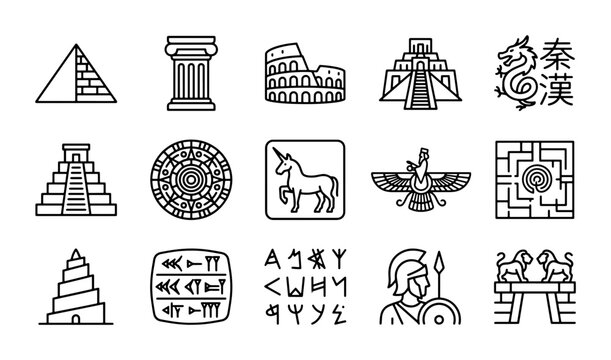 Ancient Civilizations Icons Set: Pyramids, Colosseum, Mythology, Symbols, Architecture