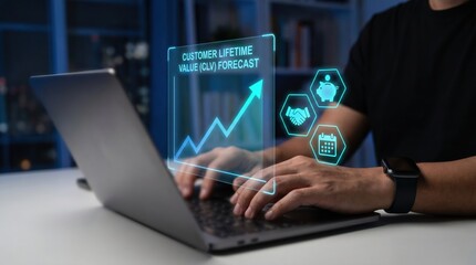 Naklejka premium Predictive Analytics and Customer Lifetime Value (CLV) Forecast Concept: Data Scientist Hands with Holographic Line Chart, Financial Growth, and Retention Icons