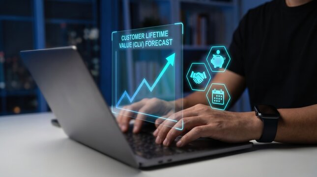 Predictive Analytics and Customer Lifetime Value (CLV) Forecast Concept: Data Scientist Hands with Holographic Line Chart, Financial Growth, and Retention Icons
