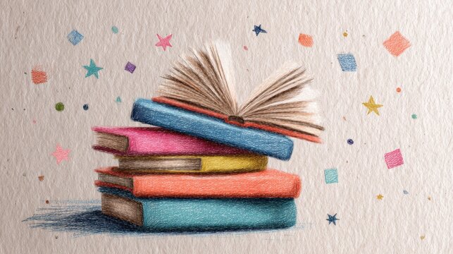 Stack of vibrant books with an open book on top, accompanied by colorful stars and shapes on a textured background, suitable for educational content