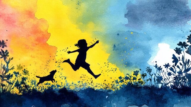 Silhouette of a child and a dog running together in a colorful watercolor scene with floral elements and a gradient background of yellow, blue, and orange
