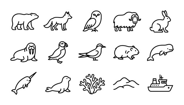 Arctic Animals Vector Icons Set, Polar Wildlife Collection, Cute Mammal & Bird Illustrations