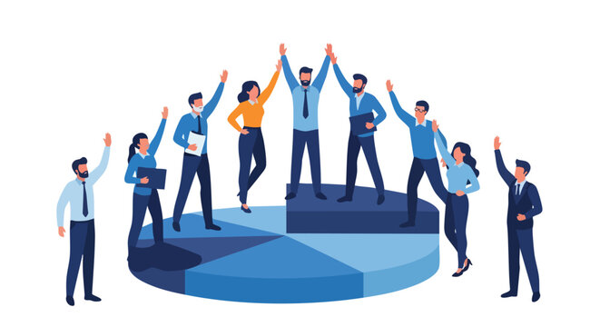 Collective synergy and strategic triumph: Diverse professional team celebrating exponential growth and market share dominance in a corporate landscape