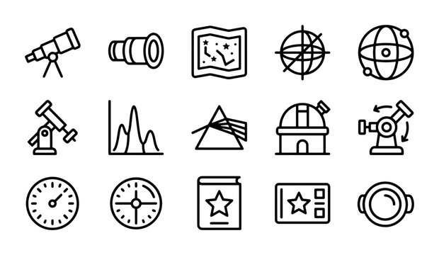 Astronomy Icons Set: Telescopes, Observatories, Star Maps, Science Symbols, Vector Graphics