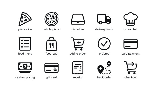 Black line icons for pizza ordering and delivery on white background