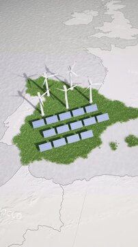 Animaci&oacute;n 3D de mapa de Espa&ntilde;a en el que emergen paneles solares y molinos de viento. Versi&oacute;n vertical.
