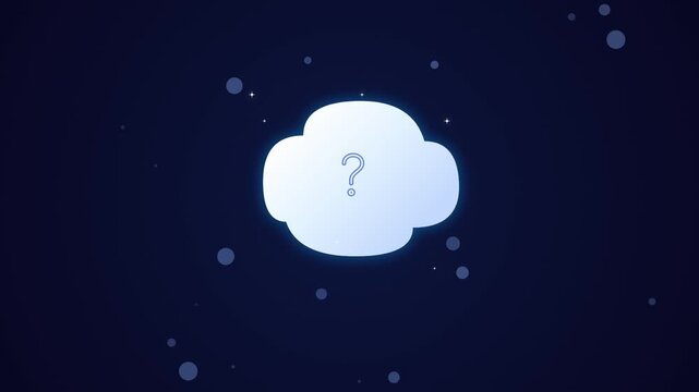 Animated glowing cloud icon with question mark floating in dark blue space for uncertainty and curiosity concepts