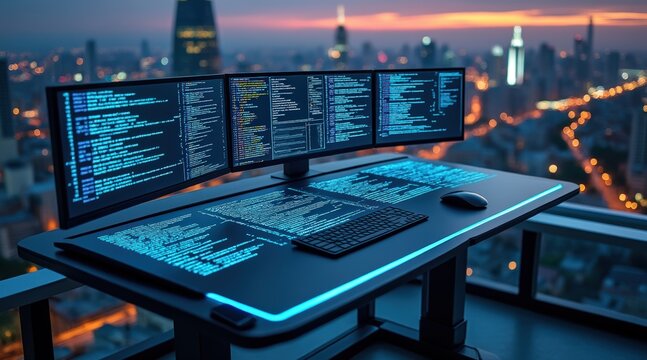 futuristic coding workstation with neon glow overlooking city skyline at dusk