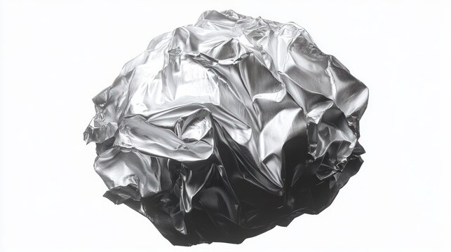 crumpled silver metallic foil ball with sharp folds and reflective highlights on a stark white background, cold and futuristic mood