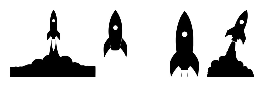 Rocket launch startup set with solid black icon and white background featuring rocket, launch, startup symbol with vector, illustration and business