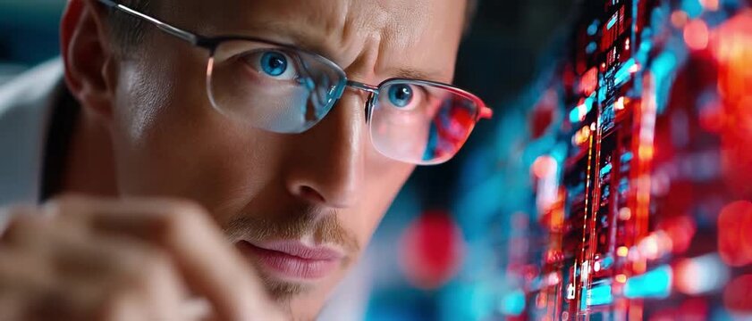 Focused Innovation: An intent scientist, his gaze intensely fixed on a futuristic, data-rich display, epitomizes the pursuit of cutting-edge scientific innovation. 