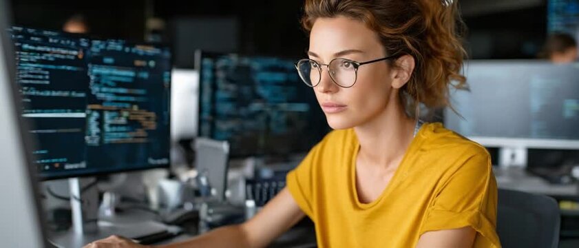 Coding in Focus: A concentrated software engineer meticulously reviews lines of code on a monitor, reflecting the dedication and skill of a tech professional immersed in their work. 