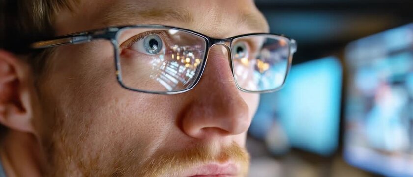 Focused Insight: A close-up view of a person wearing eyeglasses, their eyes filled with a concentrated focus as they observe something intently.