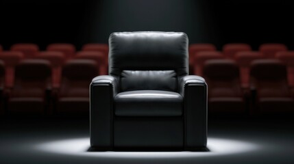 Fototapeta premium Luxurious black leather armchair spotlighted in dark theater room with red seat background empty comfortable single chair for relaxation