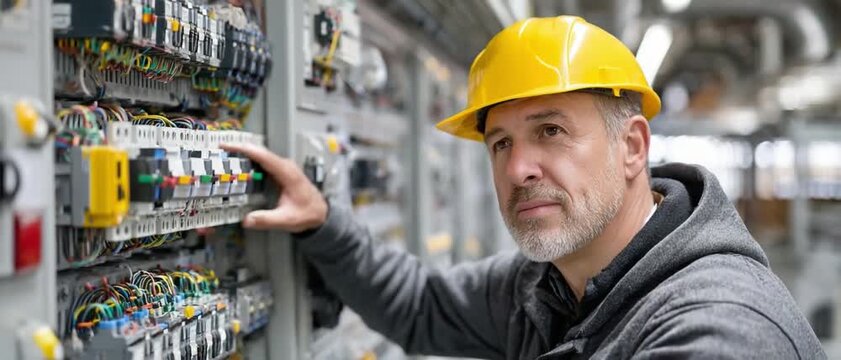 The Electrical Technician: A seasoned electrician wearing a yellow hardhat meticulously inspects intricate electrical wiring within an industrial setting.