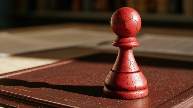 Close-up of a single red wooden chess pawn standing on a dark brown leather surface with intricate texture and soft natural shadow background