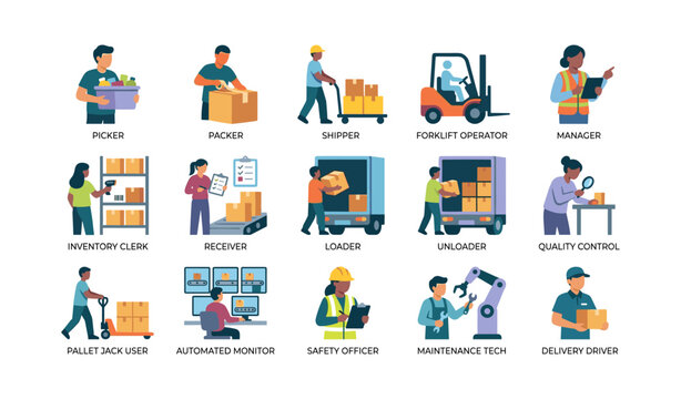 Warehouse workers performing logistics tasks in icon grid