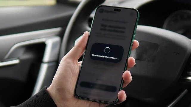 Close-up of e-signature app UI on a smartphone. User draws a signature and receives a Signed Successfully alert. Ideal for digital transformation, paperless office, and mobile marketing videos