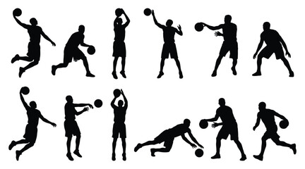 Basketball player silhouettes set, professional athletes in action poses including dunking, dribbling, shooting and jumping, sports team competition vector elements for graphic design. © Creative SA