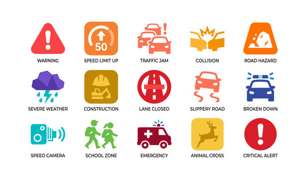Road hazard and traffic icons arranged in grid on white background