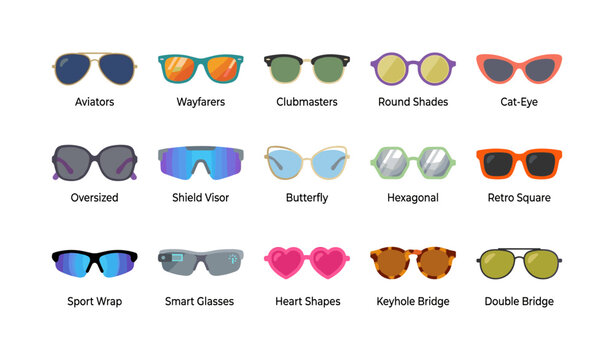Various sunglasses styles displayed in rows on white background