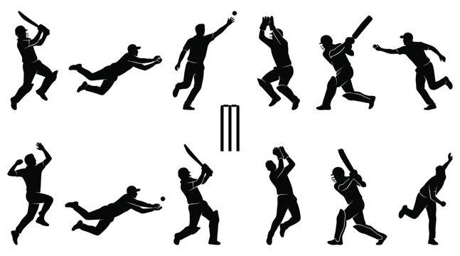 Cricket player silhouettes set, professional athletes in action poses including batting, bowling, fielding and catching, sports team competition vector elements for professional design.