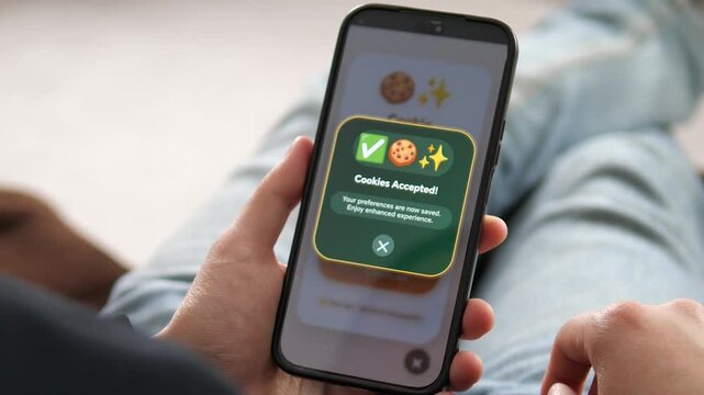 Managing digital privacy at home. User accepts a cookie consent notice on a smartphone for an enhanced experience. Essential footage for news on data privacy, internet laws, and mobile browsing habits
