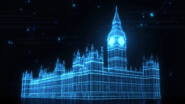 Digital wireframe model of iconic tower with clock face and gothic architectural elements illuminated in blue light on black background with abstract dots